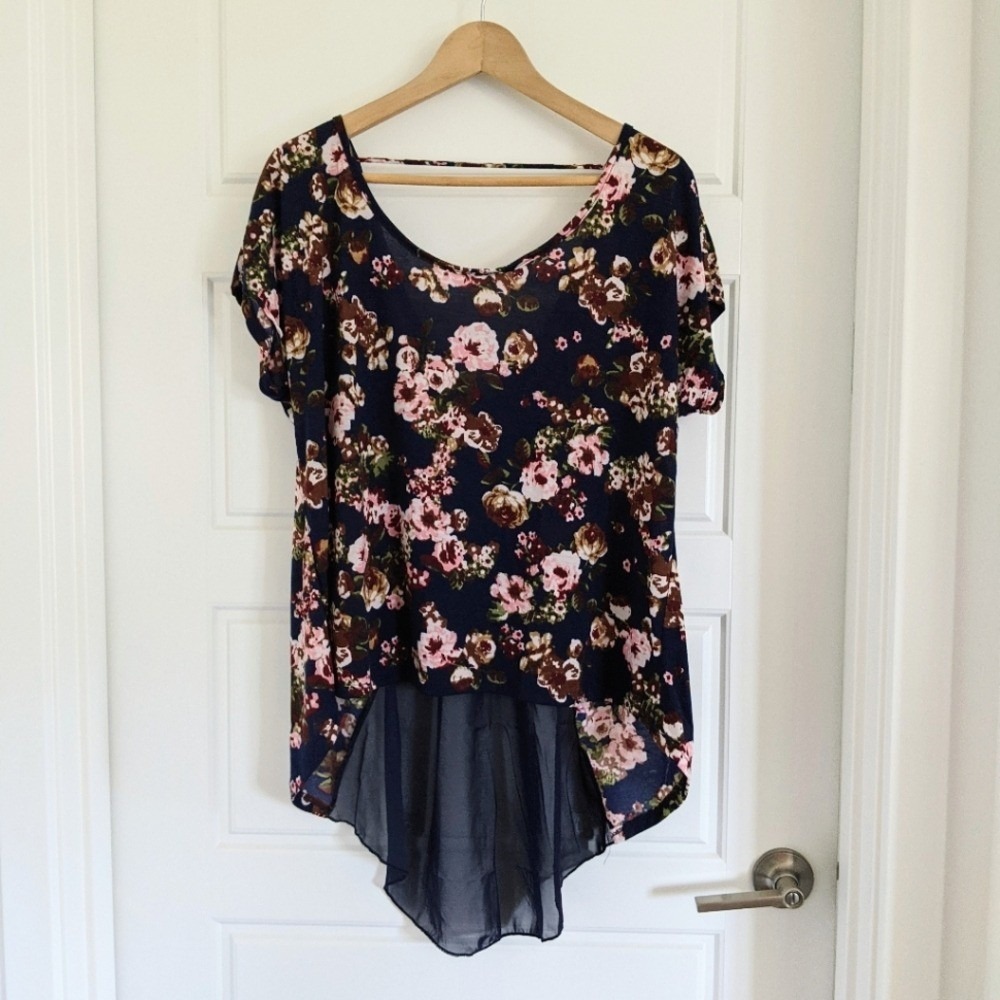 Women's Plus Size Blue Black Short Sleeve Asymmetric Flowy Dark Floral Top 2X